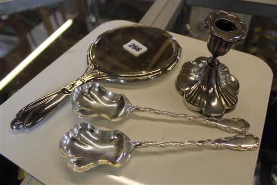 Silver candlestick, mirror & a pair of servers